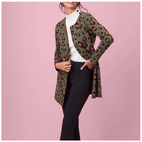 Ann Taylor Open Front Cardigan Green Cheetah Print LP Petite Long Sleeve Stretch - Picture 8 of 12